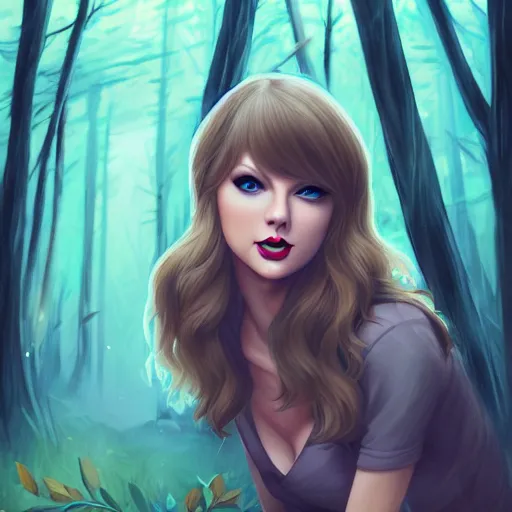 Image similar to trail cam footage of taylor swift in the forest at night, art by lois van baarle and loish and ross tran and rossdraws and sam yang and samdoesarts and artgerm and saruei and disney, digital art, highly detailed, intricate, sharp focus, trending on artstation hq, deviantart, unreal engine 5, 4 k uhd image