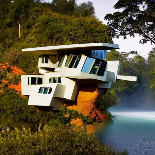 Image similar to a futuristic modern house, on a floating rock island, alien planet covered in water, multiple waterfalls, multiple moons glowing, stars, frank gehry