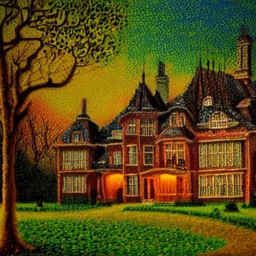 Image similar to Pointillism Painting of a Victorian manor at dusk soft glow HDR