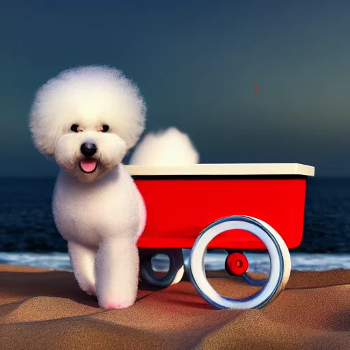 Image similar to a photorealistic photograph of a smiling white Bichon Frisé puppy pulling a little red wagon that is overflowing with french fries during sunset at the beach Trending on Artstation, featured on Behance, well-rendered, Unreal Engine, 4K HD