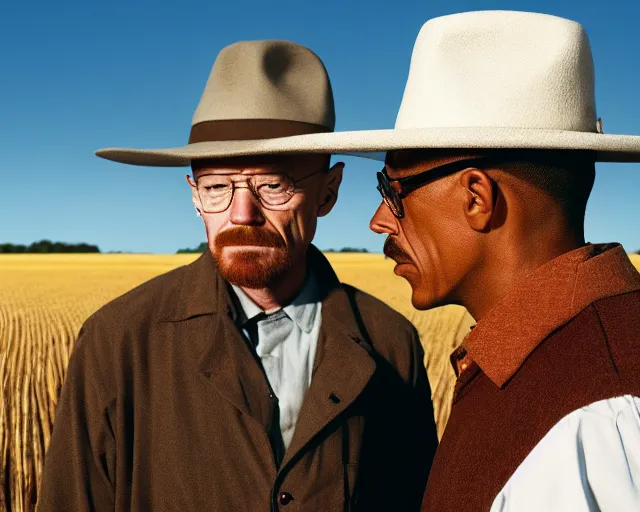 Image similar to walter white wearing a hat and gustavo fring facing each other in a wheat field, long shot, side view, 3 5 mm photograph, 8 k resolution, wide shot, sharp lens