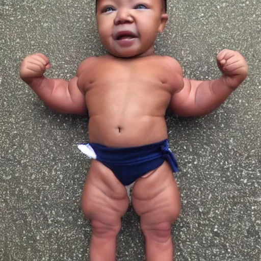 Prompt: a baby on steroids, baby face and baby body but huge muscles