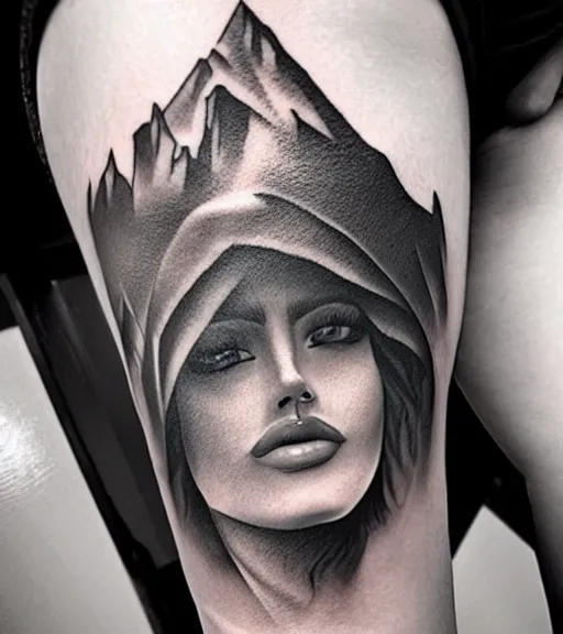 Image similar to amazing blend effect of beautiful mountain scenery with a beautiful woman face, tattoo design sketch, hyper - realistic, in the style of matteo pasqualin, amazing detail, black and white