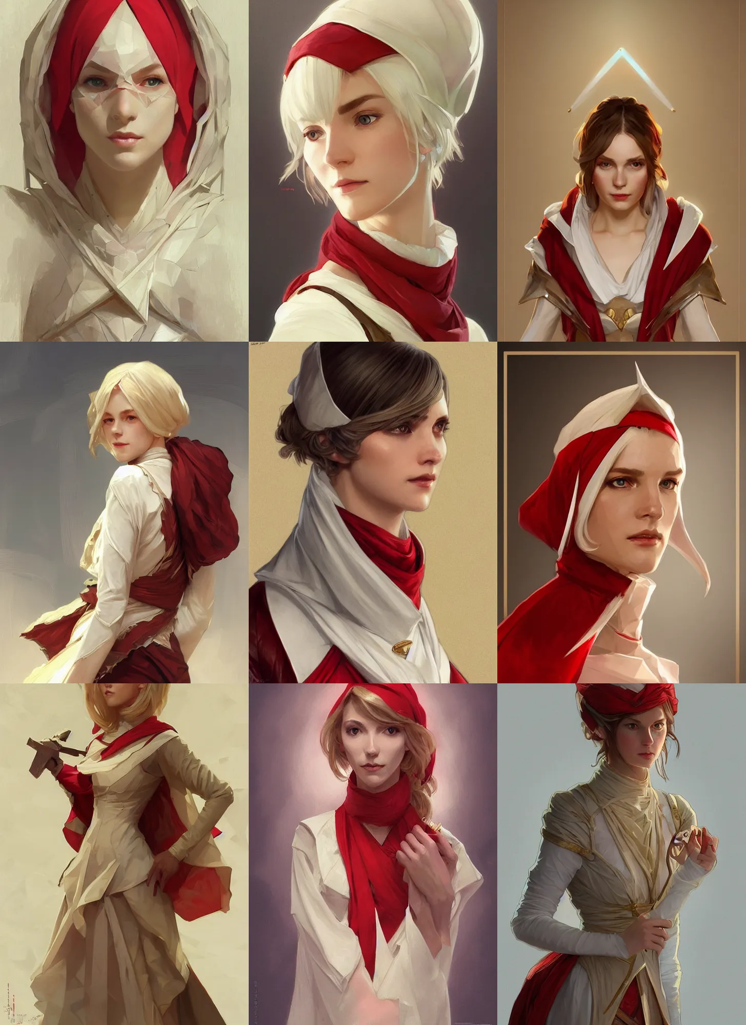 Prompt: museum curator, white polygonal dress, light gold hair, red scarf, triangles, D&D, fantasy, highly detailed, digital painting, artstation, concept art, sharp focus, illustration, art by artgerm and greg rutkowski and alphonse mucha