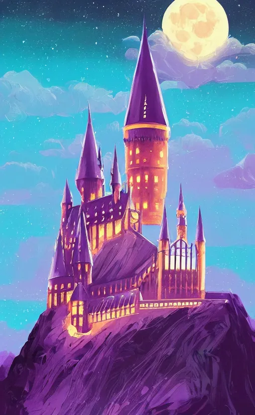 Prompt: a beautiful illustration of hogwarts at night, art of alena aenami, featured on artstation, vertical orientation, paint brush strokes, expressionism, brushstroke - laden, breathtaking clouds, birds, ocean, beautiful stars, long exposure, big moon radius, airy midnight magical theme, blue purple gradient, lens flare