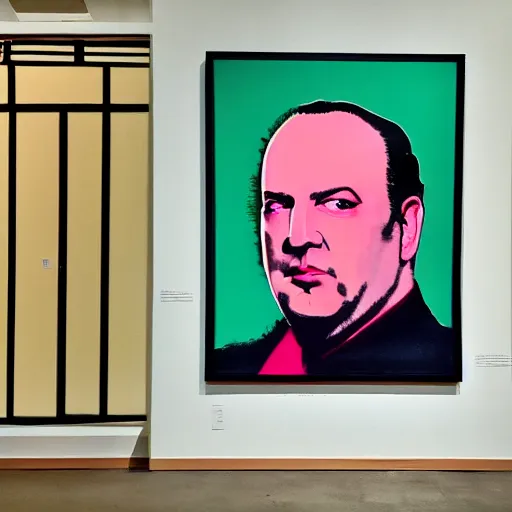 Image similar to painting of Tony soprano in the style of Andy Warhol hung on the wall of a modern art gallery, huge atrium lots of natural light, spectators looking at the painting