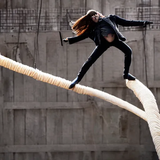 Image similar to hd photograph of a vampire walking on balance rope, stunt show