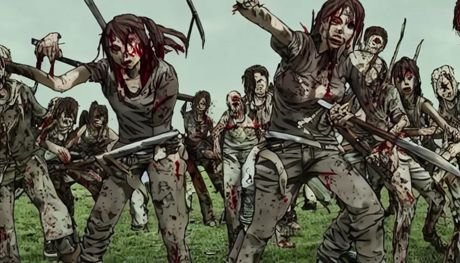 Image similar to full - body action shot of a well - armed female with tattered, blood - soaked clothing, using a sword to fight a horde of the walking dead, in the style of a highly - detailed anime characters