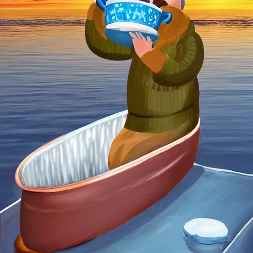 Prompt: a fisherman relaxing in a giant hot chocolate mug,digital art