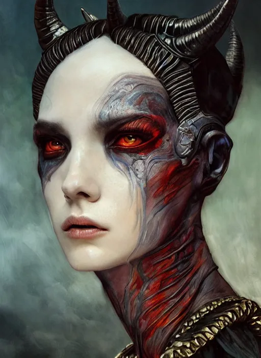 Prompt: half demon half human intricate skin scales costume, elegant, peaceful, full body, horns, hyper realistic, extremely detailed, dnd character art portrait, fantasy art, intricate fantasy painting, dramatic lighting, vivid colors, deviant art, artstation, by edgar maxence and caravaggio and michael whelan and delacroix.