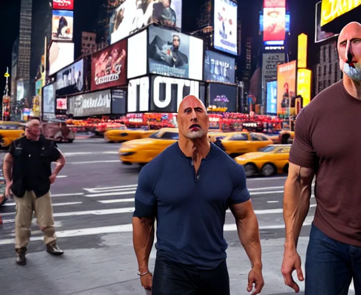 Image similar to dwayne the rock johnson and Adam Sandler on Methamphetamine at Times Square, photograph by Alfred Eisenstaedt, 4K, dramatic lighting; high energy; Full mood; 4K 8K
