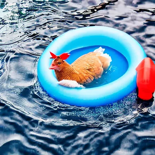 Prompt: a hen floating in water with a pool floatie