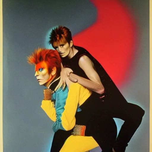 Prompt: david bowie giving a piggy back ride to ziggy stardust. glam rock. cosmic. psychedelic. andy warhol. caravaggio
