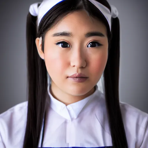 Prompt: a symmetric and beautiful face, professional full length high definition photo of a young woman with twin tails and maid uniform, photo taken with Sony a7R