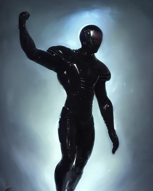 Image similar to character concept of iridescent sinewy smooth muscular male sleek glossy black pearlescent scifi armor with smooth black featureless helmet, by greg rutkowski, mark brookes, jim burns, tom bagshaw, magali villeneuve, trending on artstation