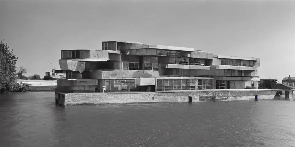 Image similar to a floating upside down brutalism architecture, ilford hp 3, photo from 1 9 5 0, emerged by a river