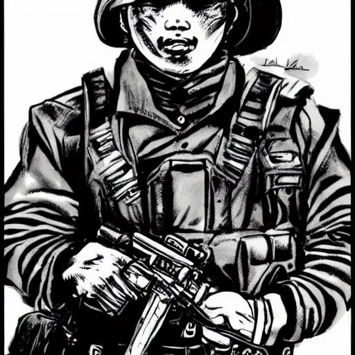 Prompt: A North Korean resistance rebel soldier , Artwork by Kim Jung Gi, Kim Jung Gi style, ink, peter han style