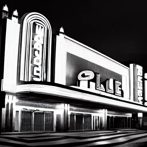 Image similar to art deco movie theater palace at night, dramatic light, evening, fritz lang's metropolis,