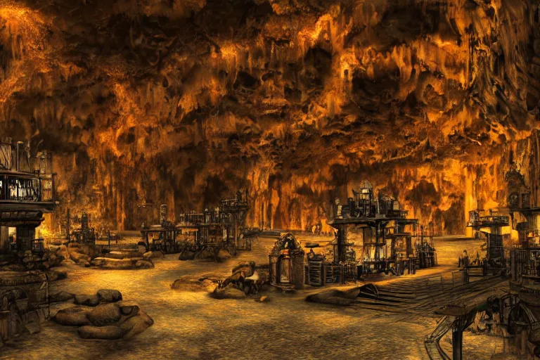 Prompt: a steampunk city inside a cave, lava columns
