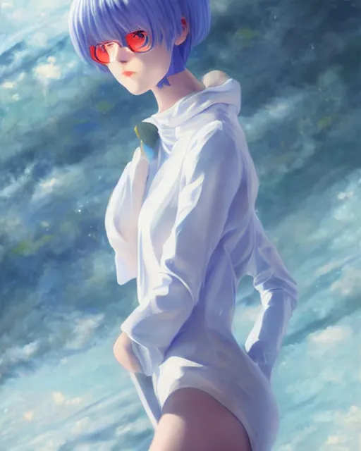 Image similar to A ultradetailed beautiful panting of Rei Ayanami, Oil painting, by Ilya Kuvshinov, GUWEIZ and Makoto Shinkai