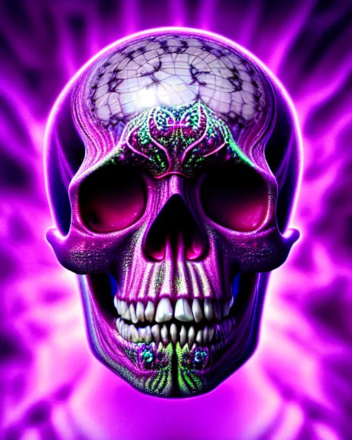 Prompt: very detailed portrait of skull with pearl sphere purple glowing eyes + melting face skin + 4 k hyper details render + by alex grey + fractal mundelbulb intricate design + dramatic lighting + cinematography photography