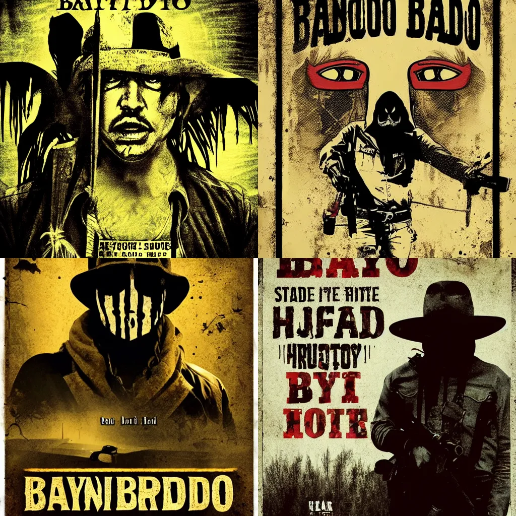 Prompt: bayou bandito, horror movie poster style