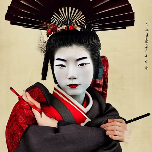 Image similar to geisha as a samurai, in battle, advertising photography