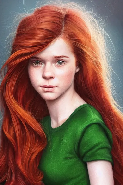 Prompt: ultra realistic style illustration of a beautiful cute red haired playful teen girl in a green dress, long hair, face of teen kate mara, sci - fi, intricate, elegant, digital painting, artstation, concept art, smooth, sharp focus, illustration, 8 k frostbite 3 engine, ultra detailed, art by artgerm and greg rutkowski and magali villeneuve