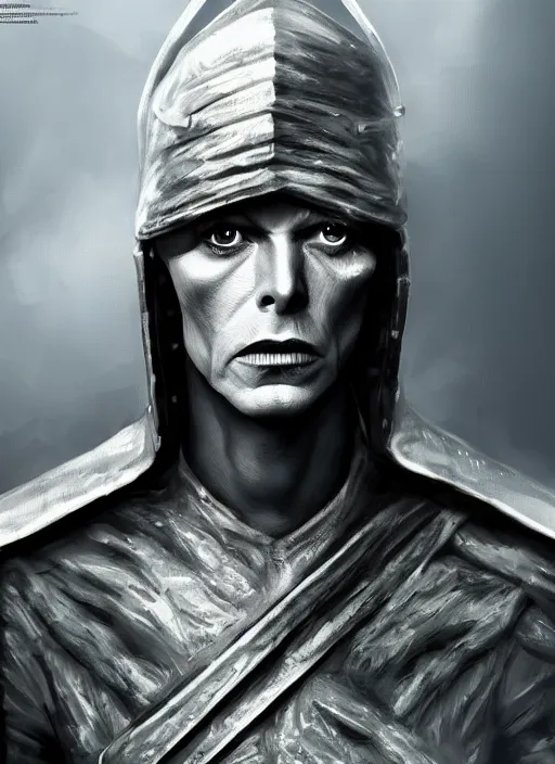 Prompt: masterpiece portrait david bowie, dark souls style, warrior, gael knight, ashen warrior, detailed portrait, fantasy character portrait, top lighting, hyper detailed, digital painting, 8 k realistic, hyper detailed, realistic shaded, perfect face, artstation,