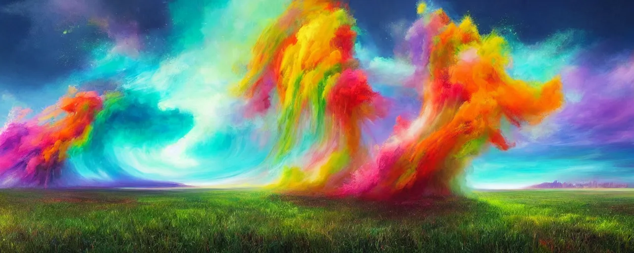 Prompt: beautiful digital landscape painting, field that has forming a beautiful colorful tornado, lots of particles, epic, by christian dimitrov, weston jones, philipsue _ art