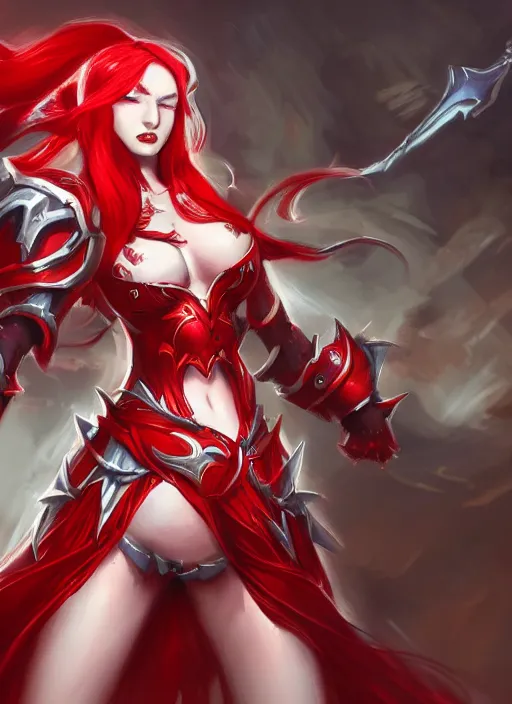 Prompt: a girl with red hair wearing red and white armor, arcane artwork, league of legends concept art, wallpaper