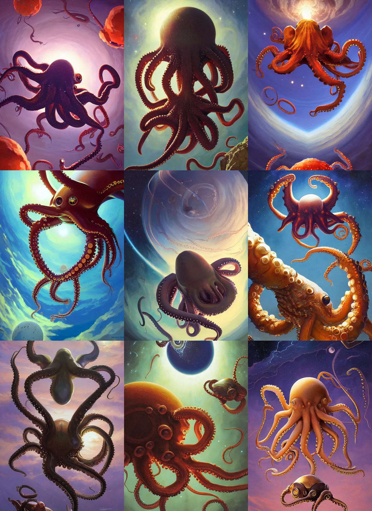 Prompt: opening of the universe's 1 0 th dimension unlocking gravity and momentum, evil looking slimy octopus crab approaching earth, sargent, leyendecker, greg hildebrandt, stephen bliss, intricate fantasy, greg rutkowski, loish, rhads, ferdinand knab, makoto shinkai, ilya kuvshinov, rossdraw