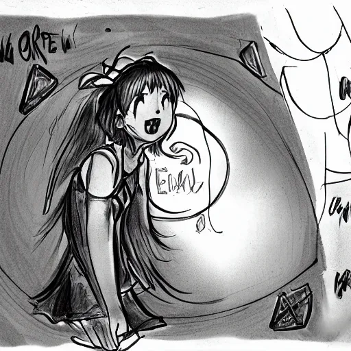 Image similar to A girl open a portal to a fantasy world, manga sketch