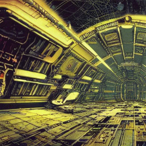 Prompt: interior of abandoned space station, peter elson, chris foss, john berkey, tony roberts, jim burns, don davis