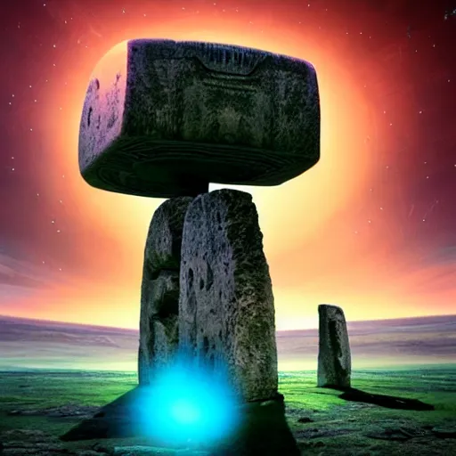 Prompt: stonehenge on mars with cosmic spotlight tractor-beam from massive futuristic mothership, Mark Ryden style, vivid colors, high details, cinematic, 8k resolution, beautiful detailed, photorealistic, digital painting, dark atmosphere, artstation, concept art, smooth, sharp focus, illustration, fantasy background, artstation trending, octane render, unreal engine