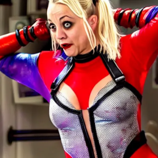 Image similar to A still of Kaley Cuoco as Harley Quinn