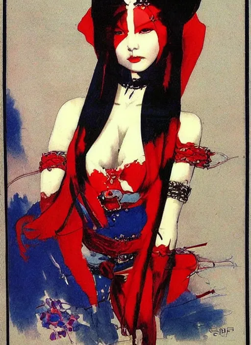 Image similar to portrait of heavyset mighty korean vampiress, jeweled veil, blue and red, strong line, saturated color, beautiful! coherent! by frank frazetta, high contrast, minimalism