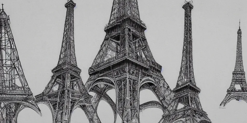 Image similar to architectural design studies of Eiffel Tower, different closeup view, drawn by Leonardo da vinci, ink draw, artistic, intricated