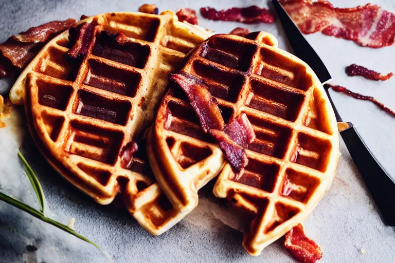 Prompt: product photography of a waffle, bacon, and knife