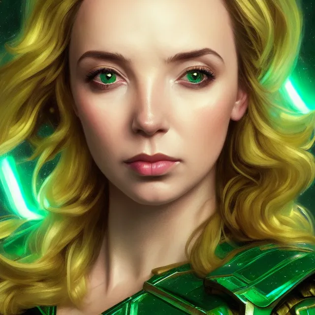 Image similar to close up portrait of jodie comer wearing shiny emerald armor, glowing blonde hair, glowing green eyes, glowing green armor, subsurface scattering, ethereal, artistic, temple background with light rays, fantasy atmosphere. art by artgerm, greg rutkowski and alphonse mucha, 3 d artstation octane render,