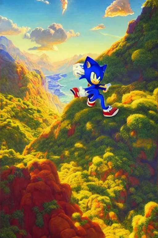 Prompt: fantasy portrait of sonic the hedgehog, natural light, lush plants flowers, spectacular mountains, bright clouds, luminous sky, outer worlds, golden hour, michael cheval, edward hopper, michael whelan, oil painting, hd