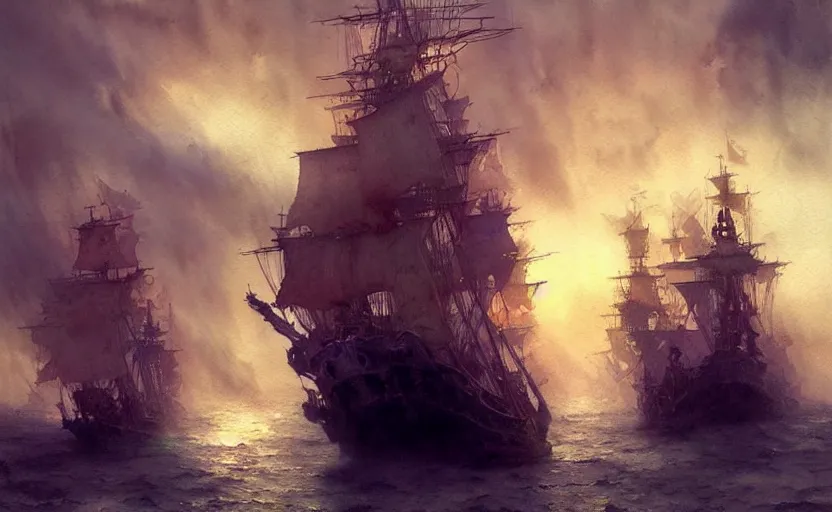 Image similar to pirate galleon fleet. intricate, amazing composition, colorful watercolor, by ruan jia, by maxfield parrish, by marc simonetti, by hikari shimoda, by robert hubert, by zhang kechun, illustration, gloomy, volumetric lighting, fantasy