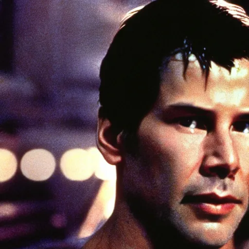 Image similar to A young Keanu reeves as Rick Deckard on blade runner 1982, movie still, in color, movie frame, detailed face, symmetrical face, 4k,