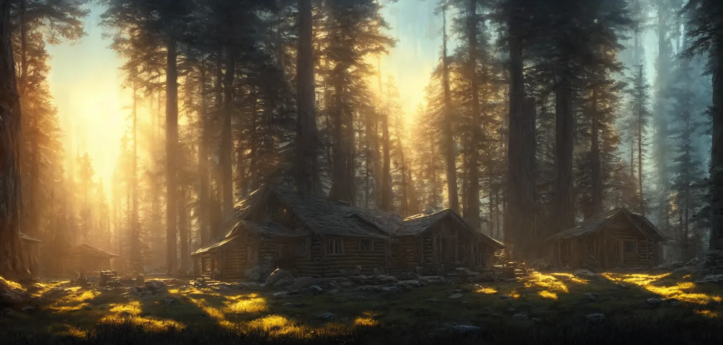 Image similar to concept art of an inside of a cabin in the woods closeup, cinematic view, epic sunny sky, detailed, concept art, high detail, warm lighting, volumetric, godrays, vivid, beautiful, trending on artstation, by jordan grimmer, huge scene, art greg rutkowski