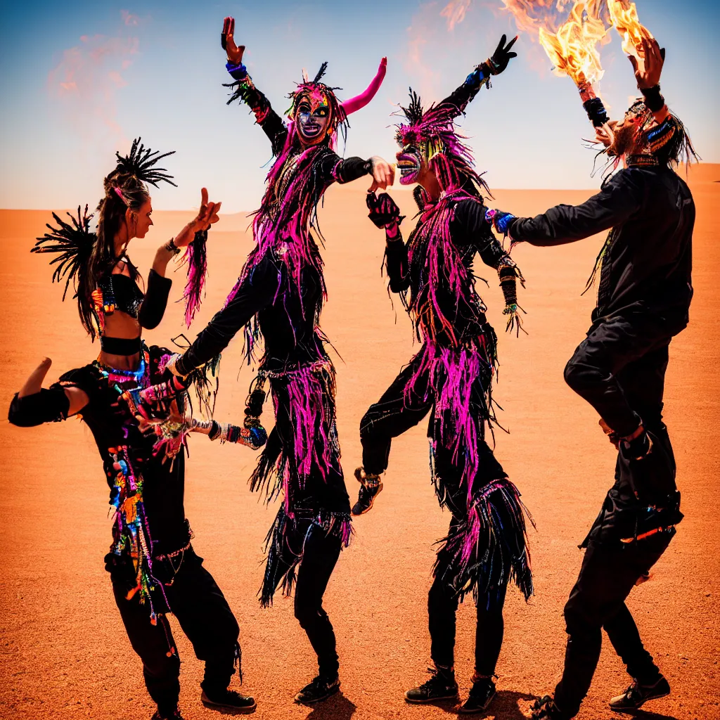 Image similar to portrait of two ravers in friendly costumes with detailed faces, dancing around a fire, photorealistic, dancefloor kismet, diverse costumes, clean composition, desert transition area, bonfire, night, australian desert, zaha hadid, xf iq 4, symmetry, sony a 7 r, 1 5 0 mp, 5 0 mm