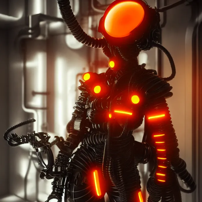 Prompt: a manga character in a futuristic room, black and orange steampunk armor, highly detailed, render, vray, octane, realistic lighting, by nihei tsutomu