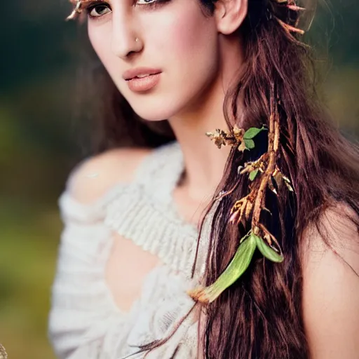 Prompt: A analog head and shoulder frontal portrait photography of Katrina Kaif wearing an intricate twig crown by Annie Leibovitz, long messy hair, eyes closed, soft gradient pastel color background, backlit. Kodak Color Plus 200 film, tropical mood, detailed, hq, realistic, warm light, muted colors. lens flare. photoreal. Leica M9.