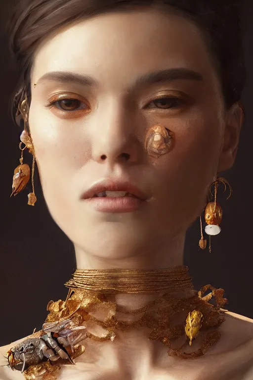 Image similar to a fancy portrait of a women with bug jewelry by greg rutkowski, sung choi, mitchell mohrhauser, maciej kuciara, johnson ting, maxim verehin, peter konig, 8 k photorealistic, cinematic lighting, hd, high details, dramatic, atmosphereric, trending on artstation