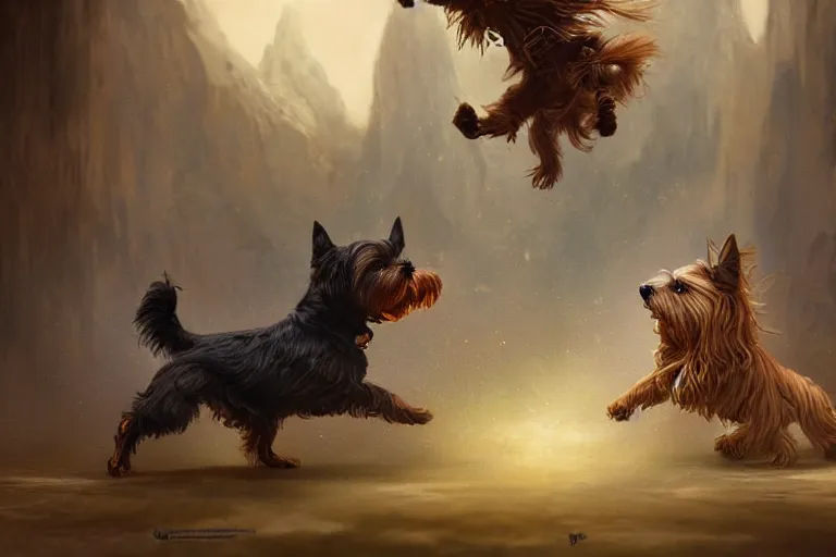 Image similar to an intricate colorful matte painting of a yorkshire terrier puppy fighting a wizard, by Christophe Vacher and Bastien Lecouffe-Deharme, trending on artstation