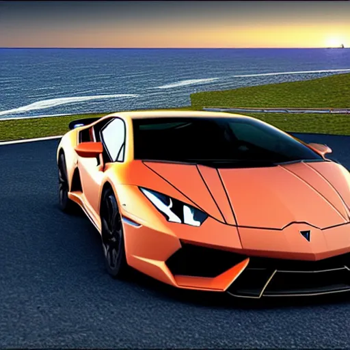 Image similar to luxury sports car driving near sea in the sunset, lamborghini design, automotiv design, unreal engine, dynamic perspective, cinematic light, 4 k